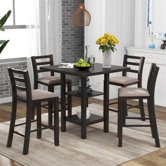 5-Piece Wooden Counter Height Dining Set with Chairs and Storage Shelf