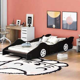 GREATPLANINC Twin Size Race Car-Shaped Platform Bed with Wheels, Wooden Floor Bed Frame with Support Slats & Retractable Rear Wing, for Kids