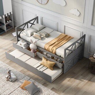 Calnod Twin Sized Wooden Daybed with 2 Drawers and Trundle for Kids Teens-AA