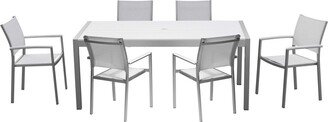 Fifi 7 Piece Dining Table Set, White Metal Frames, Smooth Textilene Fabric