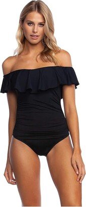 Island Goddess Off-the-Shoulder Ruffle One-Piece (Black) Women's Swimsuits One Piece