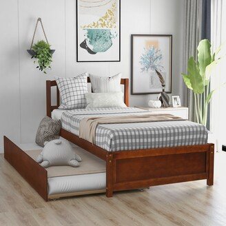 EDWINRAY Twin Platform Bed with Trundle & Headboard, Solid Pinewood Bedframe with Wood Slats Support for Dorm Bedroom Guest Room, Walnut