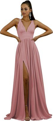 JAKIPPY Dusty Rose Bridesmaid Dresses for Wedding V Neck Slit Long Formal Evening Gala Dress US14