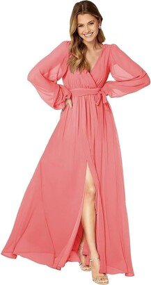 Okdais Women's V Neck Long Sleeve Chiffon Bridesmaid Dresses Pleated Empire Waist with Slit Pleated Long Formal Gowns (Color : Coral