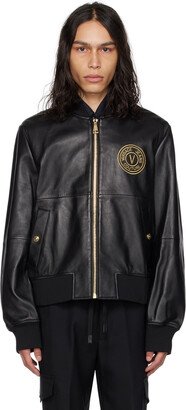 Black V-Emblem Leather Bomber Jacket