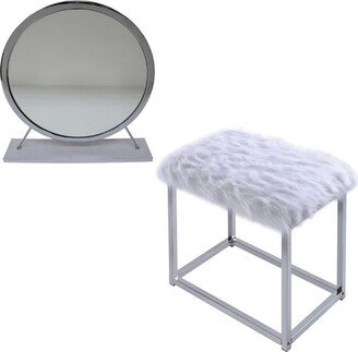 Rose Round Vanity Mirror with Stool, Faux Fur Seat, Gray, White