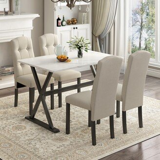 RASOO Elegant 5-Piece Dining Table Set with Faux Marble Top and Upholstered Chairs-AB
