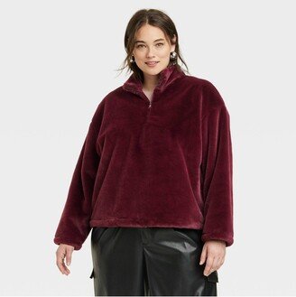 Women' Faux Fur Quarter Zip Sweathirt Burgundy 4X