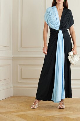 Embellished Twist-front Draped Two-tone Jersey Gown - Black