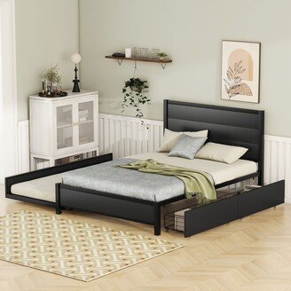 Aoolive Queen or Full Size Optional Platform Bed with Twin Size Trundle and 2 Drawers, Modern Storage Bed, Metal Bed Frame