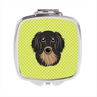 BB1275SCM Checkerboard Lime Green Longhair Black And Tan Dachshund Compact Mirror, 2.75 x 3 x .3 In.