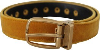 Mustard Velvet Gold Logo Engraved Metal Buckle Women's Belt