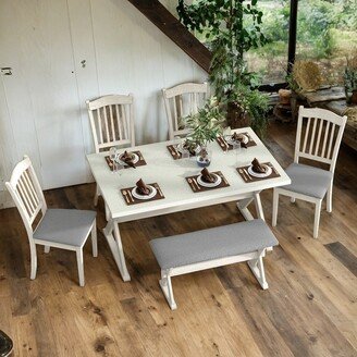 IGEMAN 6-Piece Rustic Dining Table Set, with Rectangular Trestle Table, 4 Upholstered and 1 Bench, White Washed