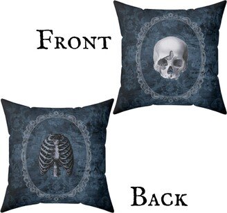 Victorian Skull/Skeleton Throw Pillow, Gothic Home, Grunge in Navy Blues, Black & Gray, Vintage Look, Colors Of Midnight