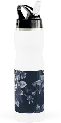 Photo Water Bottles: Navy Floral Stainless Steel Water Bottle With Straw, 25Oz, With Straw, Blue