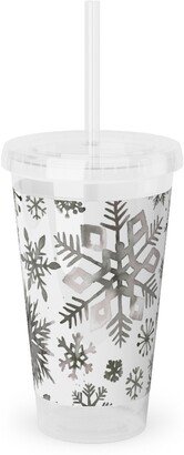 Travel Mugs: Winter Snowflakes - Gray Acrylic Tumbler With Straw, 16Oz, Gray