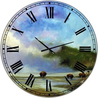 Designart Yellowstone Buffalo Landscape Large Lake House Wall Clock - 36 x 36