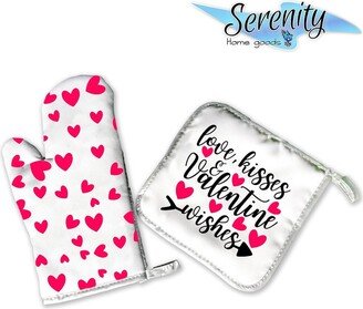 Valentine's Day Home Decor | Decorative Kitchen Hot Plate Pot Holder Oven Mitt Set Valentines Pink Hearts Cupid Mit