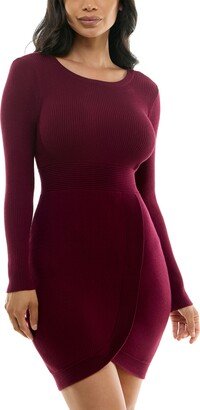 Juniors' Round-NecK Faux-Wrap Ribbed Sweater Dress