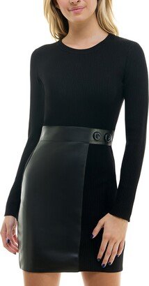 Juniors' Bodycon Faux-Leather Long-Sleeve Sweater Dress