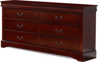 Liam 58 Inch 6 Drawer Wood Dresser, Molded Trim, Drop Handles, Cherry Brown