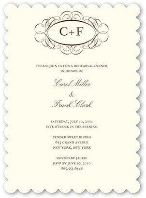 Yours Truly Invitations: Fancy Monogram Cream Rehearsal Dinner Invitation, Beige, Pearl Shimmer Cardstock, Scallop