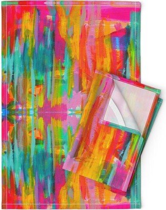 Bright Abstract Tea Towels | Set Of 2 - Double Neon By Precious Beast Stripes Rainbow Linen Cotton Spoonflower