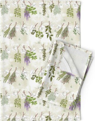 Herb Garden Tea Towels | Set Of 2 - Herbal Line Drying By Salzanos Green & White Lilacs Farming Linen Cotton Spoonflower