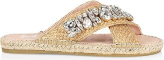 Crystal-Embellished Raffia Espadrille Slide Sandals