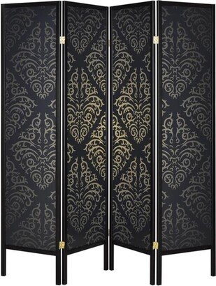 4 Panel Folding Floor Screen with Damask Pattern in Black