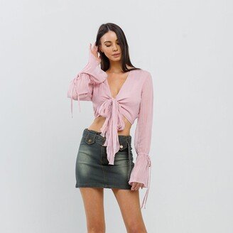 Personal Code Front Tie Crinkle Cropped Blouse