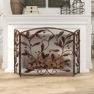 Studio 350 Brown Iron Eclectic Wood Fireplace Screen Floral 30 x 45 - 30 x 45