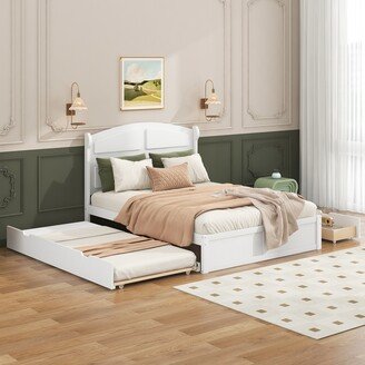 Queen Size Wood Bed Frame with 2 Storage Drawers, Solid Wood Platform Bed with Twin Size Trundle, No Box Spring Needed