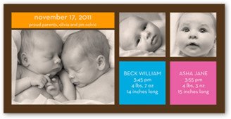 Twin Birth Announcements: Modern Twins Birth Announcement, Multicolor, Pearl Shimmer Cardstock, Square