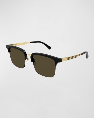 Men's Half-Rim Logo Stripe Rectangle Sunglasses