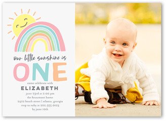 Baby Girl's 1St Birthday Invitations: Adorable Rainbow Birthday Invitation, Gray, 5X7, Luxe Double-Thick Cardstock, Square