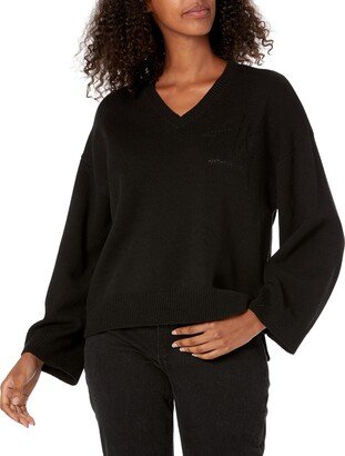 A|X Armani Exchange Women's Knit V Neck Pullover Sweater with Balloon Sleeves