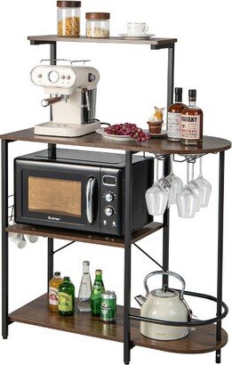 Kitchen Bakers Rack Microwave Stand Coffee Bar w/ S-Hooks & Stemware Holder