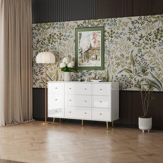 Contemporary 9-Drawer Dresser - High Gloss Finish with Gold Legs Chest