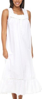 Alexander Del Rossa ADR Women' Cotton Victorian Nightgown, Phoebe Sleevele Lace Trimmed Button Up Long Night Dre White Small