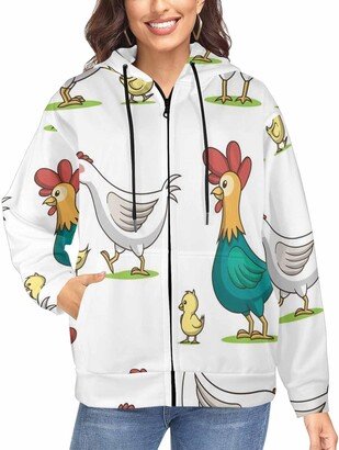 LOSARON Cute Cartoon Chicken Women's Comfortable Hoodie Zipper Drawstring Hooded Jackets Full-Zip Hooded Sweatshirt with Thumb Holes M