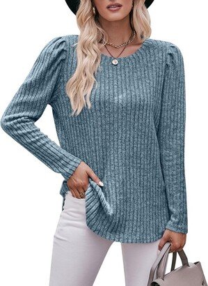 Wbilfiwy Fall Sweaters for Women Long Sleeve Pullover Loose Fit Shirt Gray Blue M