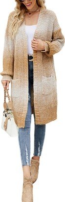 WROLEM Women's Casual V-Neck Gradient Knitted Cardigan Open Front Loose Oversized Contrast Color Coat with Pockets