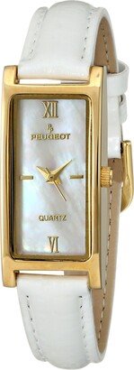 Women's Slim 14K Gold Plated White Mother of Pearl Face Roman Numeral White Leather Thin Strap Dress Watch 3017WT