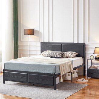 EPOWP Queen Size Platform Bed Frame with Black Wood Headboard, Mattress Foundation, Strong Metal Slats Support