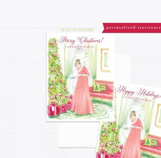 Christmas Card, Personalized Jane Austen Fan, Watercolor, Monogram, Gift For, Feminine, Girly, Holiday Holidays