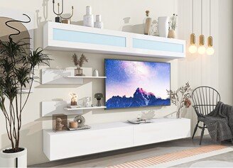 GEROJO White Modern Wall Mounted Floating Entertainment Center with Storage Cabinets, Shelves, and LED Lights