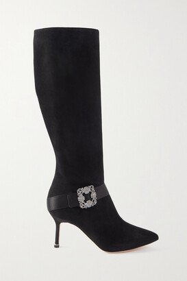 Pliniahi 70 Embellished Satin-trimmed Suede Knee Boots - Black