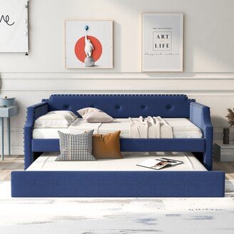 EDWINRAY Twin Upholstered Daybed with Trundle & Wood Slat Support, Blue