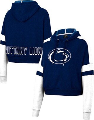 Women's Heather Navy Penn State Nittany Lions Throwback Stripe Arch Logo Cropped Pullover Hoodie